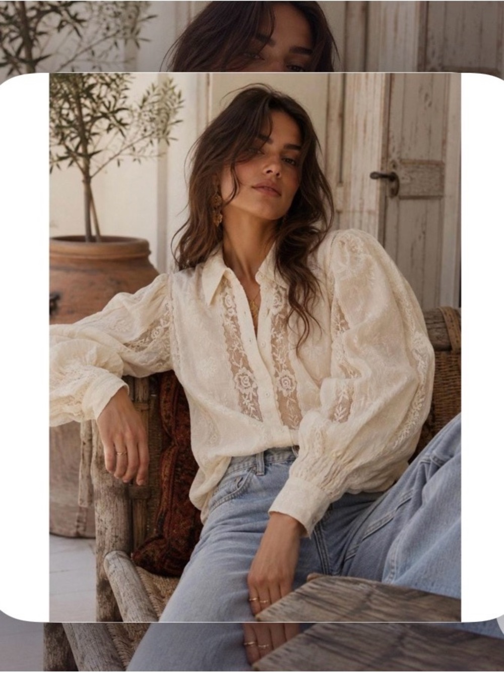 Ivory Lace Button-Front Puff-Sleeve Blouse - Women